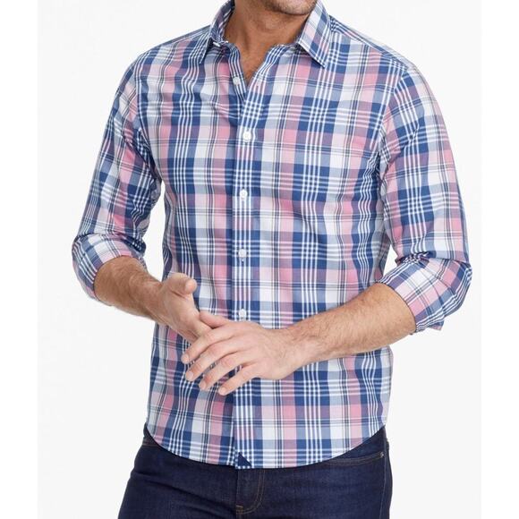 UNTUCKit Poplin Button Up Dress Shirt Mens XL Reg Pink Navy Plaid Wrinkle Free - Picture 3 of 11